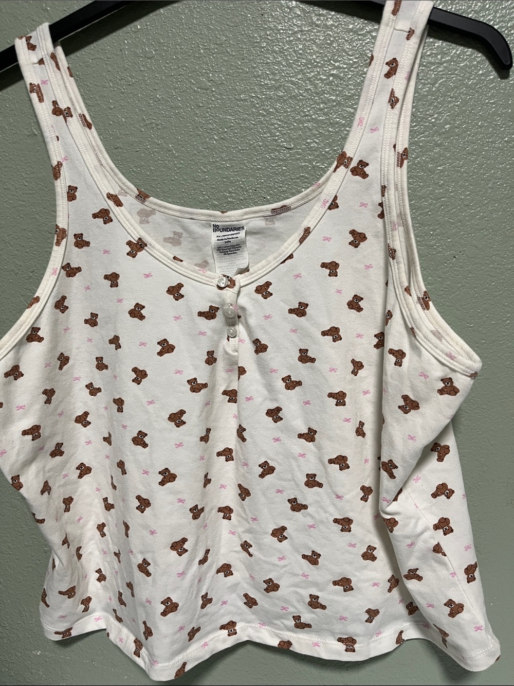 No Boundaries White Tank with Brown Teddy Bear & Pink Bow Print